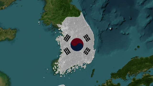 Zoom from Earth to South Korea. (Country Flag) World map animation with highlighted borders of countries. Images from NASA
