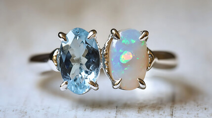 Unique aquamarine and opal ring with light blue aquamarine and a mesmerizing opal in a modern...