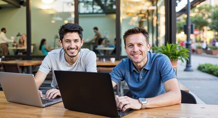 Obraz premium Two busy professional executive team business people working together smiling looking at computer at cafe meeting. Professional manager consulting corporate client using laptop,