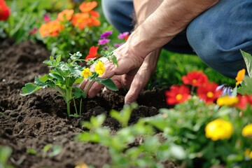 Fototapeta premium Gardening enthusiast planting vibrant flowers in lush garden AI