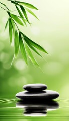 Obraz premium a green background for relaxation, bamboo stalks in the reflection of water and smooth dark oval-shaped stones. a background for relaxation and relaxation, for the presentation of goods