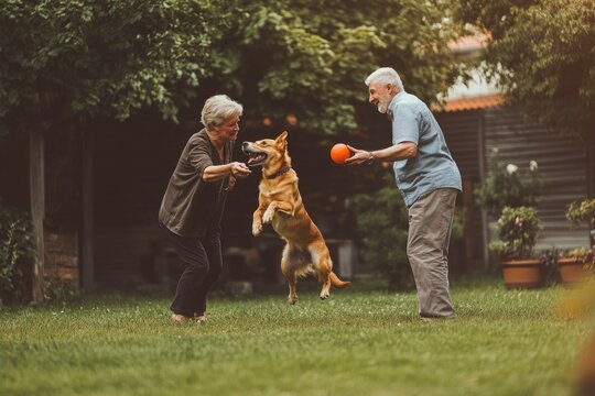 senior couple playing with their dog in backyard, tossing ball, with dog joyfully running and jumping to catch it