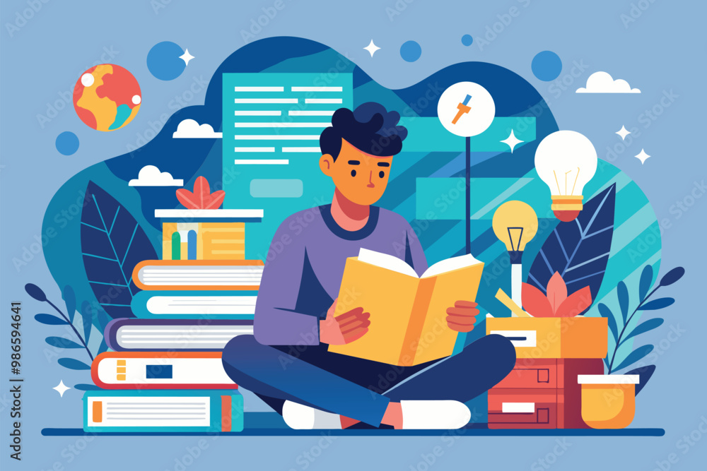 Poster a man sits on the floor surrounded by books, deeply engaged in reading and searching for new insight
