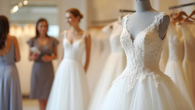 Beautiful wedding dress in bridal shop
