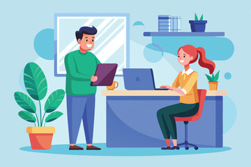 Obraz premium A man engages with a receptionist at her desk while holding a tablet in a bright office setting, A man is speaking to a receptionist at a desk with a laptop and flat illustration.