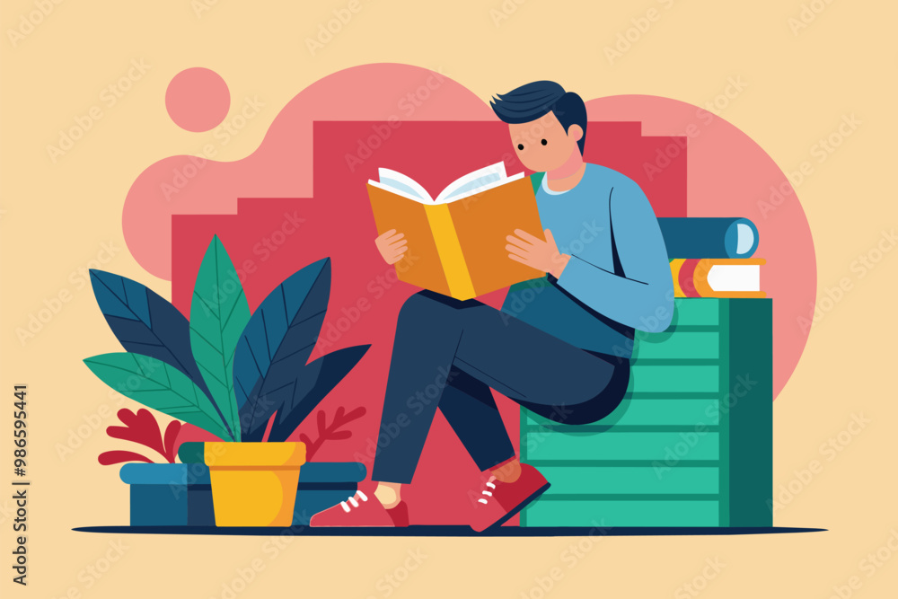 Poster a man enjoys reading a book while resting against a stack of books, surrounded by plants in a cozy s