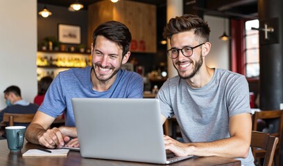 Two busy professional executive team business people working together smiling looking at computer at cafe meeting. Professional manager consulting corporate client using laptop,