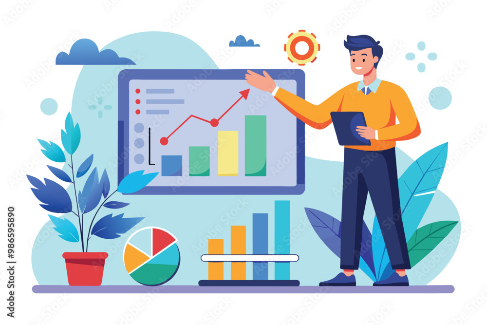 Poster a man stands in front of a digital screen displaying various charts, explaining data analysis to his