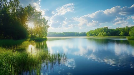 Tranquil lake with lush green trees and blue sky with clouds. Nature photography background.