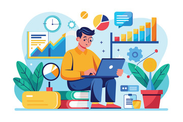 Fototapeta premium A man focused on studying various charts, diagrams, and coins in a welcoming office space, A man studies charts, diagrams, and coins in a flat illustration.