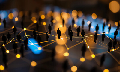 silhouetted network people, connected by glowing lines, with a blurred background of warm lights .  anonymity and universality. network complex