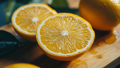 Two lemons cut in half on a kitchen counter, lemon