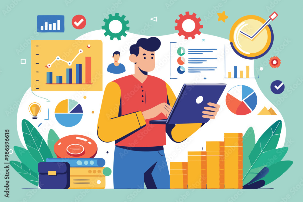 Poster a man focuses on financial charts and diagrams while processing data on his laptop in a bright works