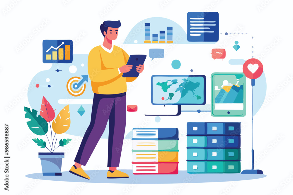 Poster a man using a smartphone to process data with visual analytics, a man uses his smartphone to maintai