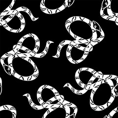 Black and White Wavy Funny Snakes in Cartoon Style in Non-Directional Seamless Pattern. Cute Seamless Pattern for Decor of Children Baby Room, Textile, Fabric, Bedding, Package, Wallpaper. 