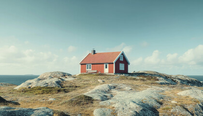 Small red house on a hilltop in Iceland