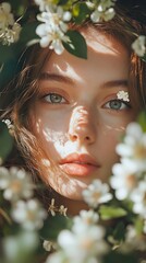 Obraz premium Closeup portrait of a young woman with green eyes peeking through white flowers.