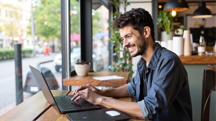 Fototapeta premium busy professional business man working on business using laptop in cafe smile, smiling