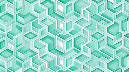 3D geometric cube pattern, teal and white abstract design with copy space