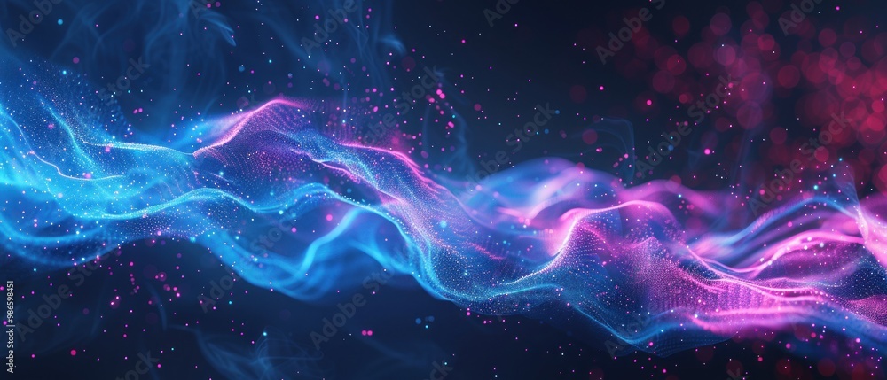Poster futuristic technology background with flowing digital waves of glowing dots and lines.