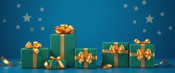 Generative AI illustration of green gifts with golden bows and ribbons placed on skyblue background generative AI