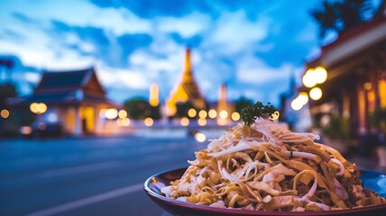 Naklejka premium A plate of noodles sits on a table in front of a blurred out cityscape at dusk.