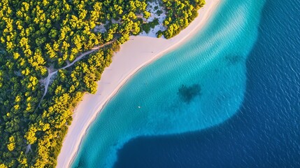 Fototapeta premium Summertime aerial image of Zlatni Rat, Croatia's Brac island, and the turquoise sea. View from the top of a drone of the Adriatic Sea, a sandbank, a white sand beach, greenery, and blue water 