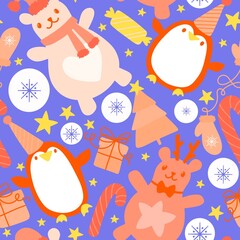 Christmas animals seamless penguin and bears pattern for wrapping paper