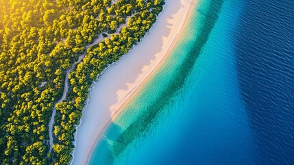 Summertime aerial image of Zlatni Rat, Croatia's Brac island, and the turquoise sea. View from the top of a drone of the Adriatic Sea, a sandbank, a white sand beach, greenery, and blue water 