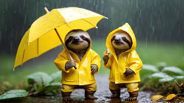 Faultiere im Regenmantel: Zwei Faultiere in einem leuchtend gelben Regenmantel und winzigen Stiefeln. Ein Faultier steht unter einem Regenschirm.