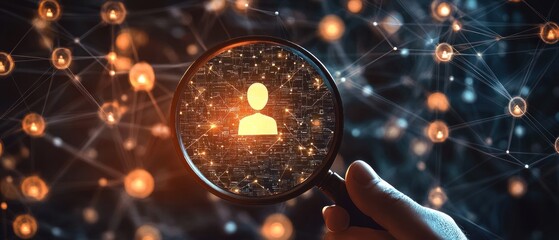 Obraz premium Magnifying Glass Focused on a Person Icon, Global business network connecting people.
