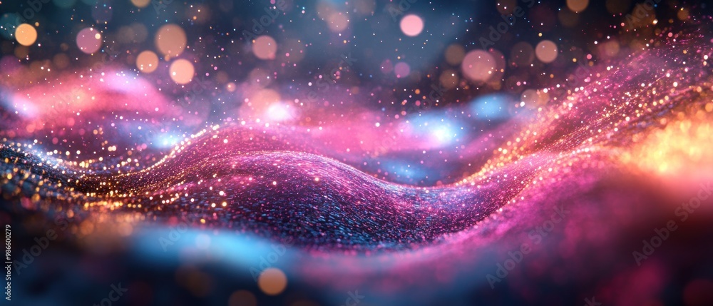 Poster abstract digital waves with glowing dots particles. technology background.