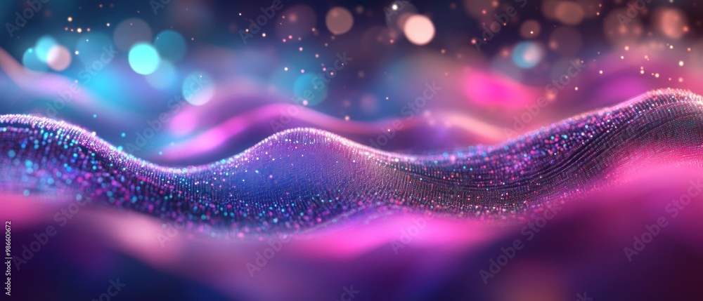 Poster abstract digital waves with glowing dots particles. technology background.