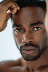 Obraz premium Contemplative, thoughtful man looking into distance, close-up, serious expression, thinking concept