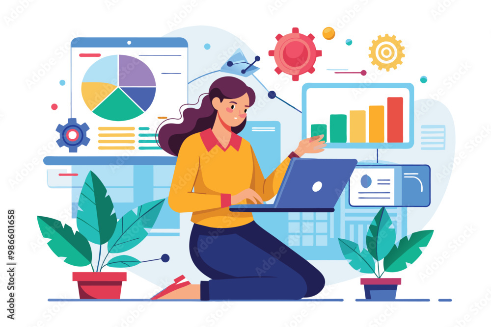 Poster a woman analyzes and controls data while using a laptop in a vibrant workspace filled with charts, a