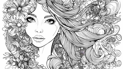 Floral woman portrait in zentangle style ornament, adults coloring book page. Zentangle. Illustration