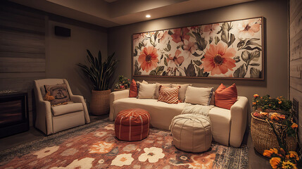 Cozy basement with comfortable furniture floral wall art and a warm ambiance designed for relaxation