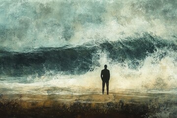 A lone figure stands before a massive, churning wave.