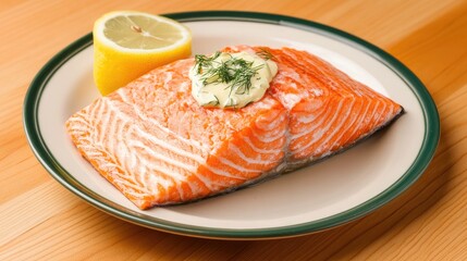 A delightful salmon fillet is plated with zesty lemon and rich dill butter, presented on a rustic wooden table. This dish captures the essence of home-cooked comfort food
