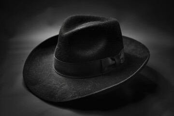 A black hat with a bow sitting on a table, perfect for decorative or costume use