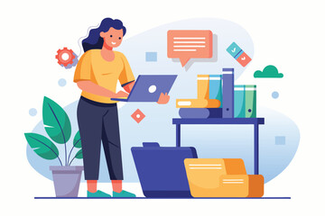 A woman stands in a workspace, using a laptop to organize and add files to a folder, surrounded by materials, A woman is adding files to a folder, flat illustration.
