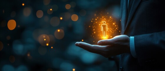 Business Professional Holding a Glowing Icon Symbolizing Human Resources and Leadership