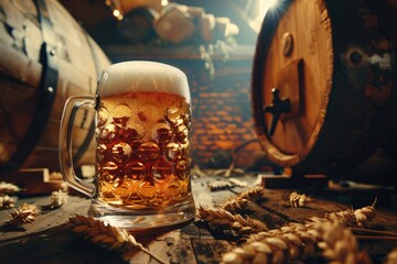 A glass of beer sitting on a wooden table, perfect for a pub or home setting