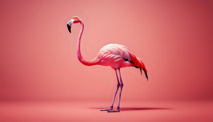 Fototapeta premium Pink flamingo standing in ground with a pink background, showcasing its long neck, vibrant feathers, and exotic beauty