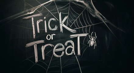 Chalkboard writing with Halloween decorations featuring Trick or Treat design for festive celebration - Powered by Adobe