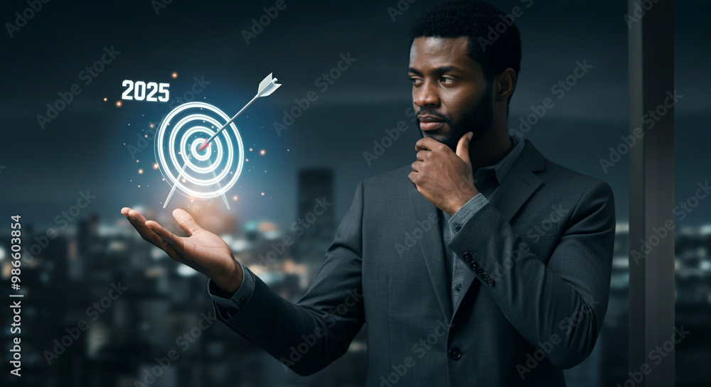 Poster man with arrow target representing business strategy and goal setting for future success