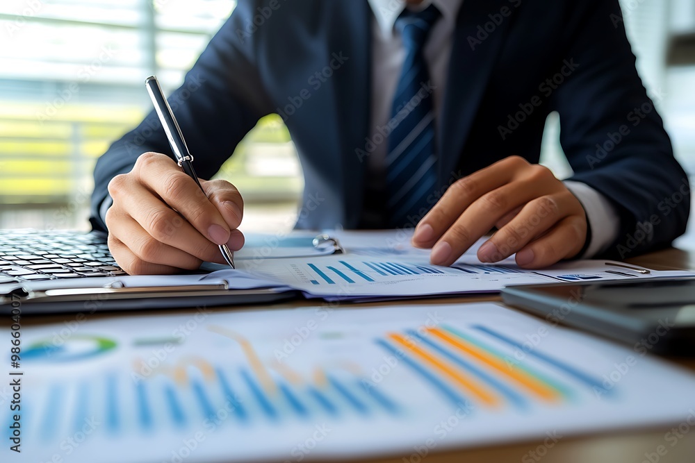 Poster businessman analyzing financial data and taking notes on a document.