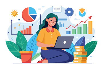 A woman focuses on analyzing business growth data on her laptop surrounded by charts and greenery, A woman is studying business financial growth data, flat image.