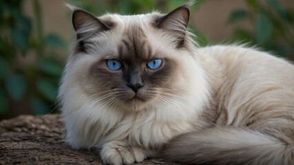 Fototapeta premium A gracefully aging Birman cat, its fur a blend of soft whites and grays, mesmerizing almond-shaped blue eyes gazing out with wisdom and elegance. 