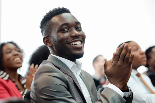 A man in a business suit claps for his colleagues, conveying appreciation and approval